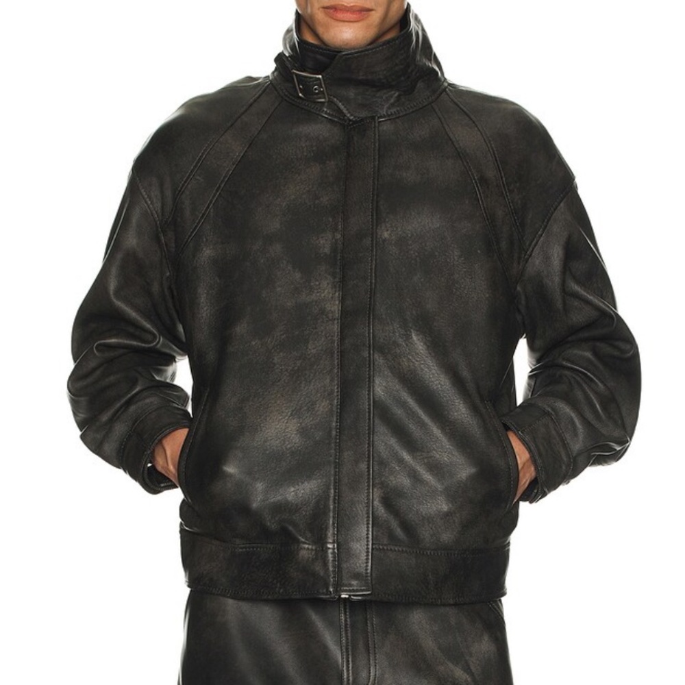 Mimchik Buckle Aviator Jacket Leather Vintage Black Size Small